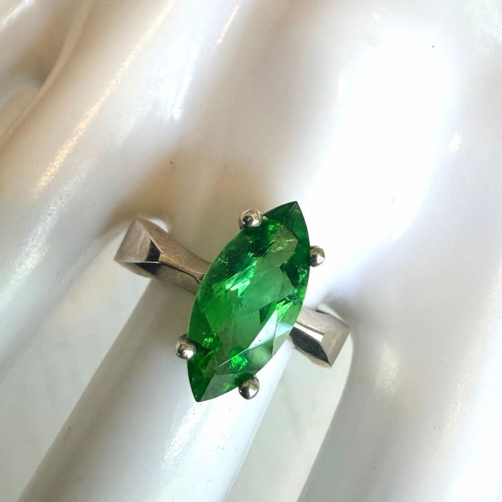 Vintage BADAVICI Sterling Silver Green Glass Marquise Ring